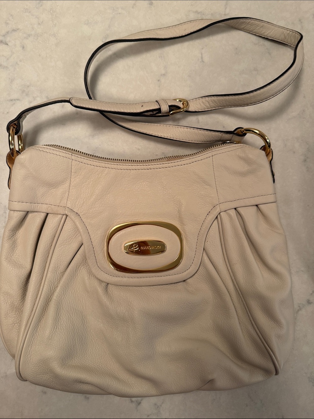 B Makowsky Cream Leather Shoulder Hobo with Gold Plaque
